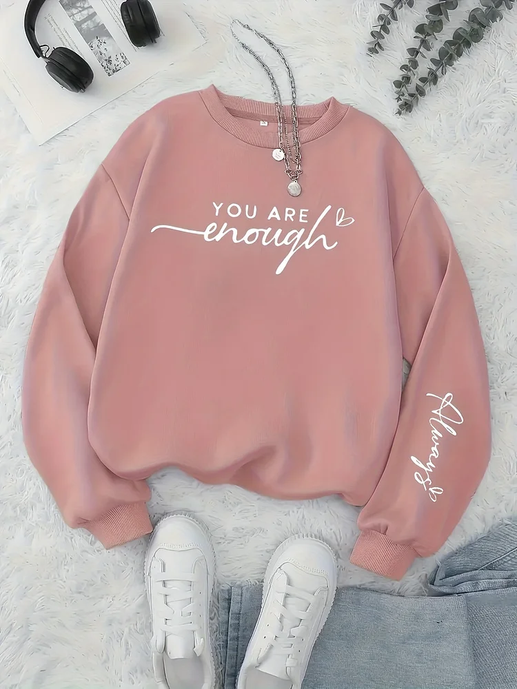 Women's Casual Crewneck Sweatshirt - Soft Pink "You Are Enough" Motivational Lettering & Heart Print, Relaxed Fit, Machine Washable, All-Season Comfort