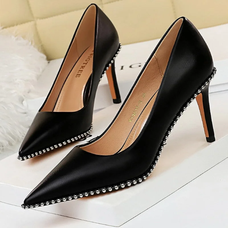 BIGTREE Shoes Black Heels Metal Beads Woman Pumps Suede High Heels Stiletto Wedding Shoes Women Heels Female Plus Size 41 42 43