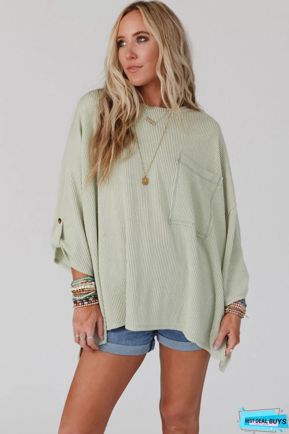 Ribbed Roll-tab Sleeve Oversize Top
