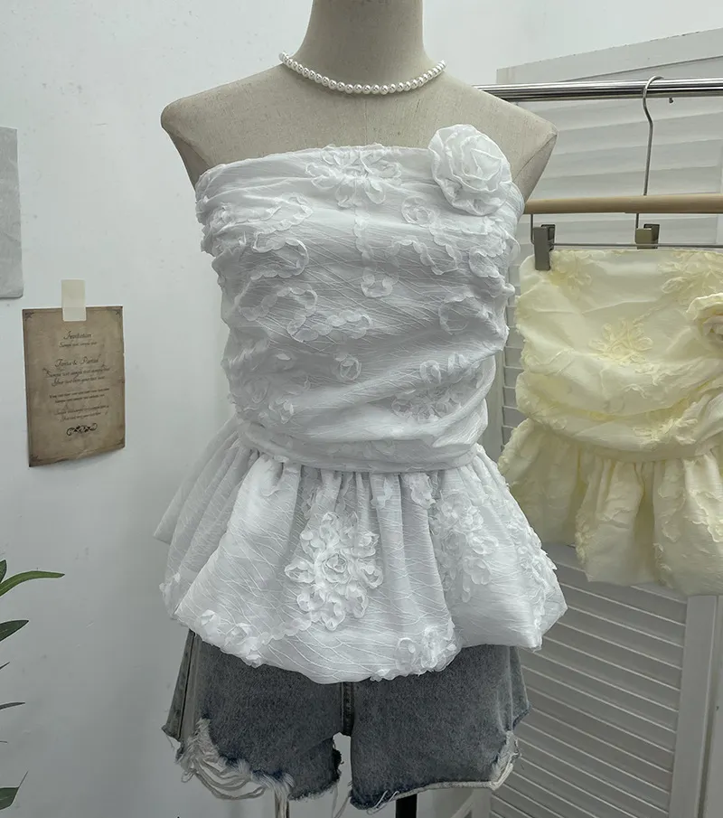 Uveng French Bud Ponp-Upple Sling Vest With Three-Dimensional Flowers Shoulder-To-Heart Thai Top 9205