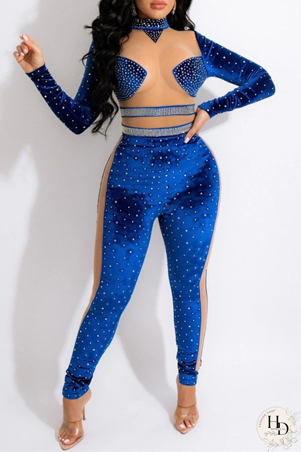 Blue Fashion Sexy Patchwork Hot Drilling Split Joint Turtleneck Skinny Jumpsuits