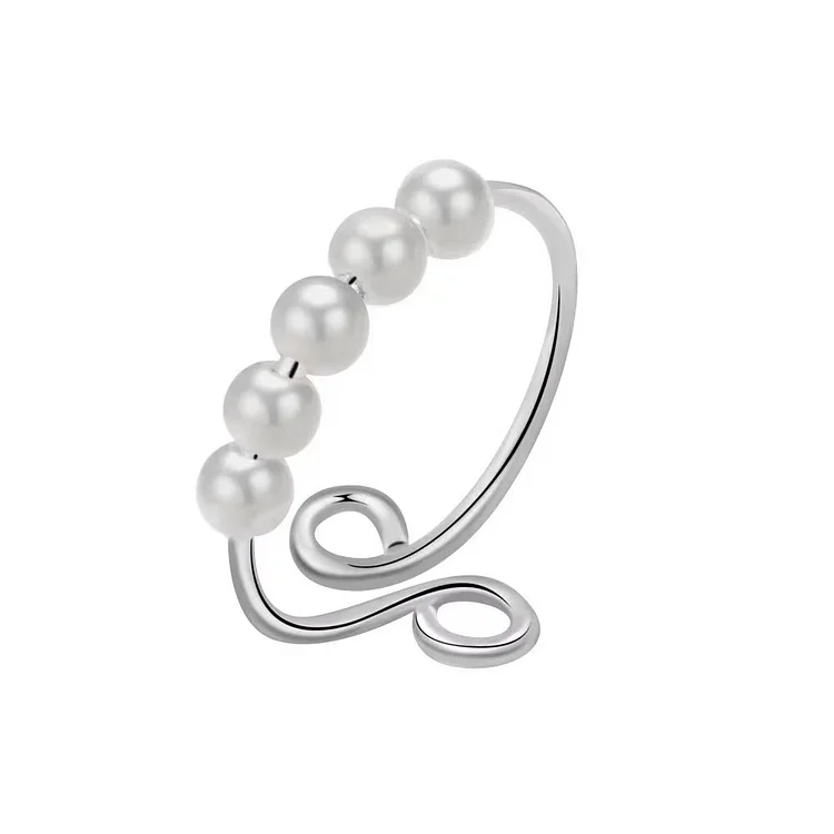 Pearl Anxiety Ring Fidget Rings with Pearls | Adjustable Beaded Spinner Ring for Anti Stress and Worry | Stackable Silver