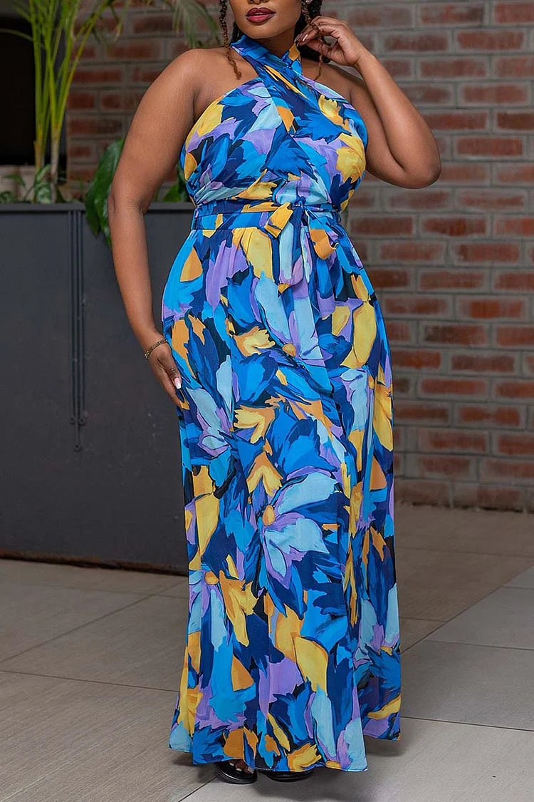 Plus Size Multicolor Vacation Boho Print Halter Neck Maxi Dresses 