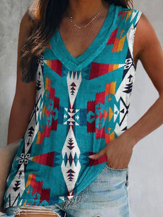 Vintage Geometric Print V-Neck T-Shirt
