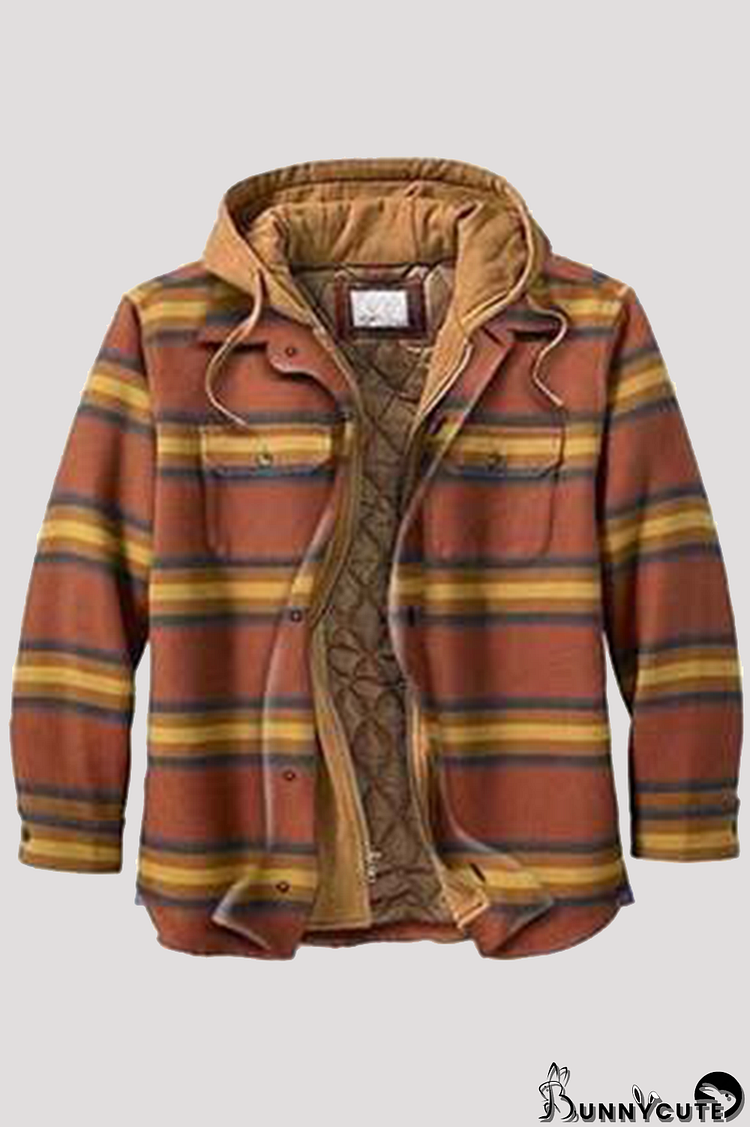 Yellow Brown Fashion Casual Plaid Split Joint Hooded Collar Outerwear