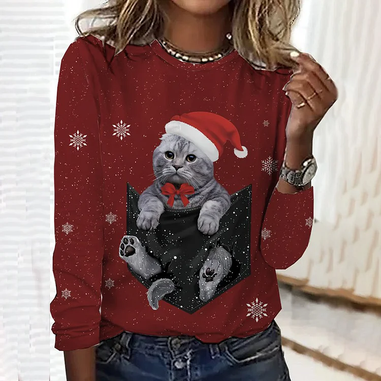 Wearshes Casual Loose Cat Snowflake Print T-Shirt