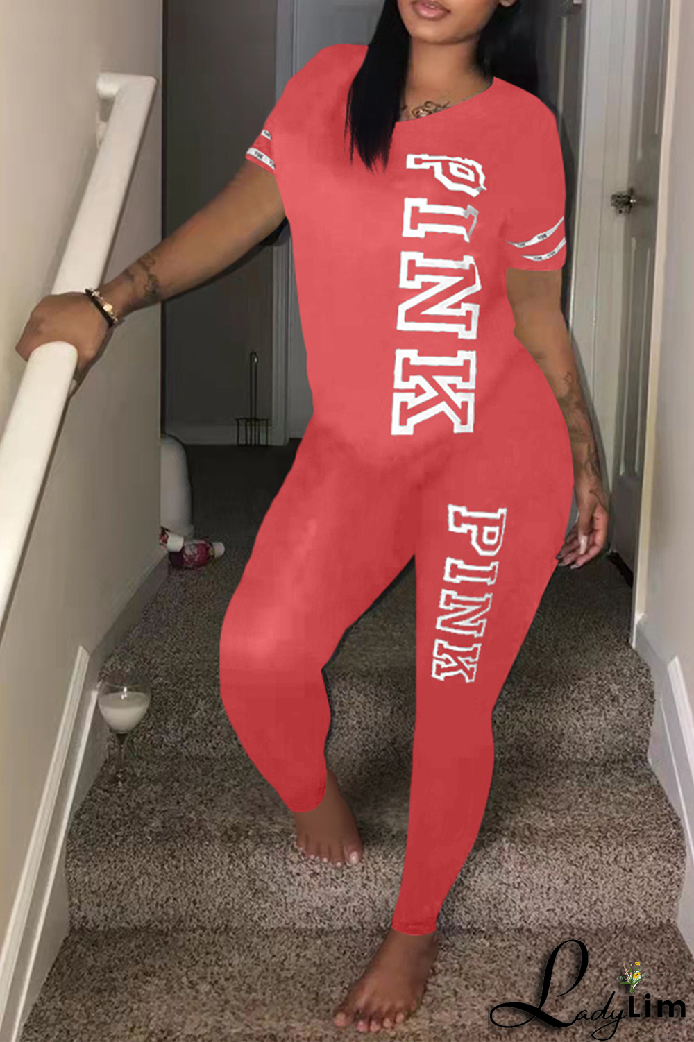 Light Purple Casual Patchwork Letter O Neck Short Sleeve Two Pieces