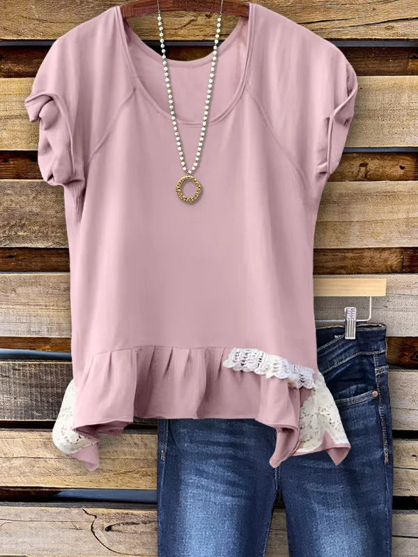 Casual Ruffled Lace Panel Top
