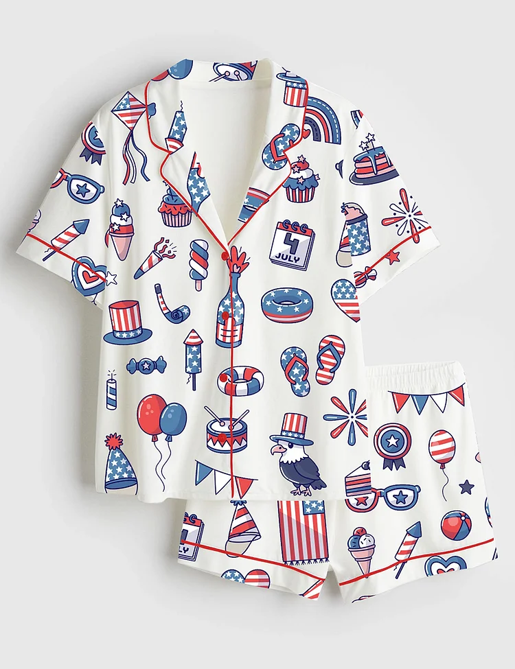 Women&rsquo;s Stars And Stripes 4th Of July Independence Day Patriotic Illustration Short Sleeve Satin Pajama Set
