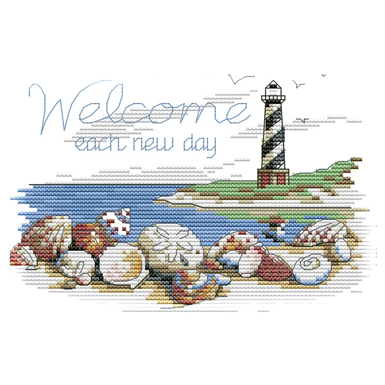 Shell Lighthouse 14CT Printed Cross Stitch Kits (22*16CM) fgoby