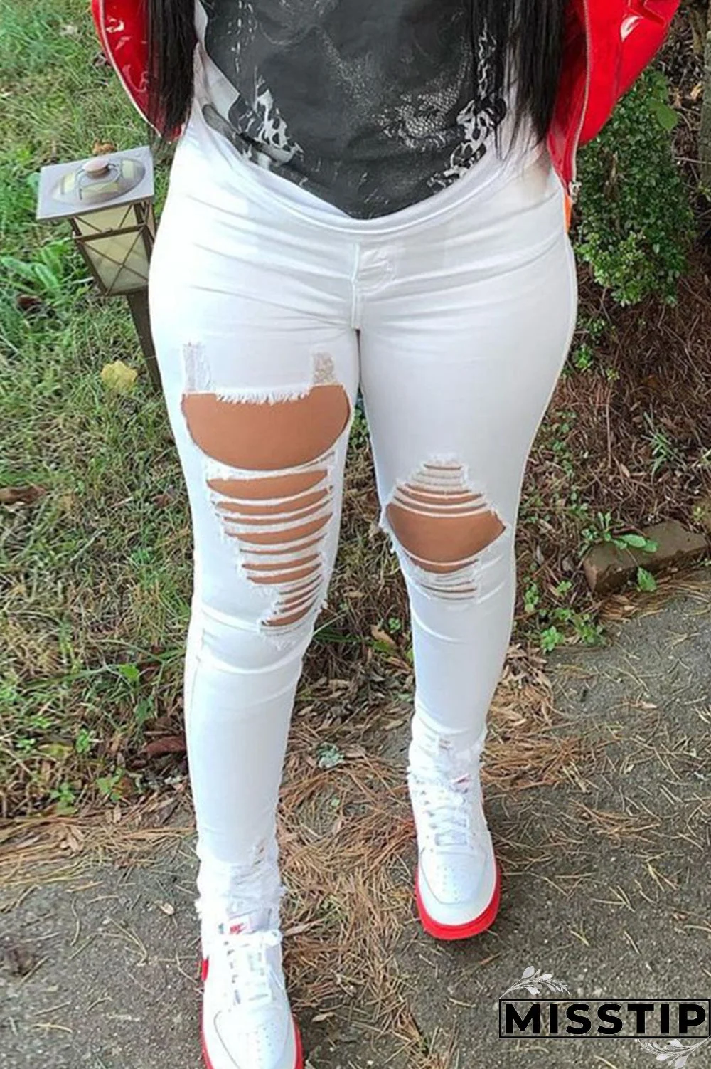 White Street Solid Ripped Buttons High Waist Regular Denim