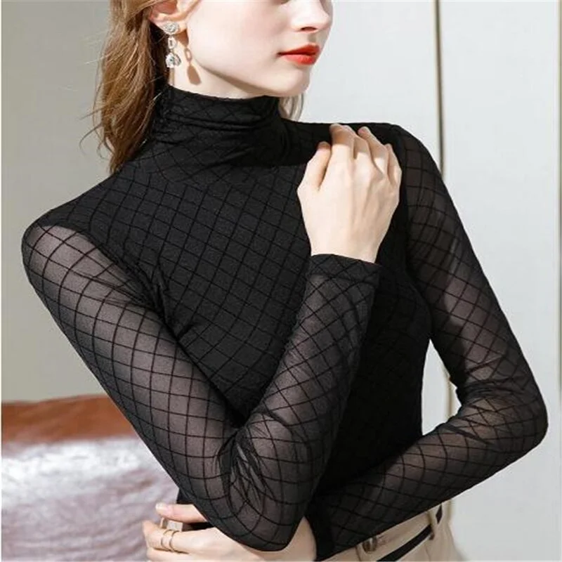 Fashion High-neck T-shirt Women Mesh Bottoming Top Thin Autumn Clothes Perspective Inner Long-sleeved Pullover Tee Female Tshirt