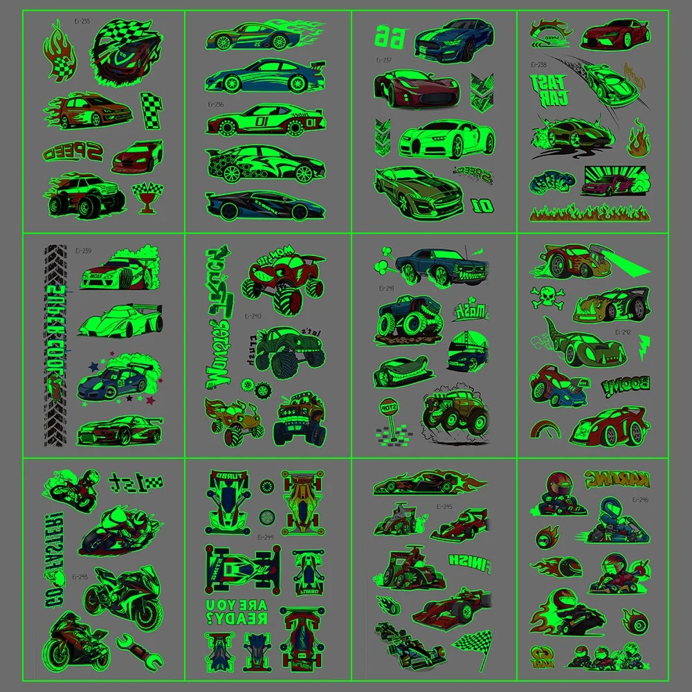 Luminous Cool Racing Tattoo Stickers Waterproof Party Cartoon Car Children's Temporary Tattos Hand Body Foot Men Fake Tatoo