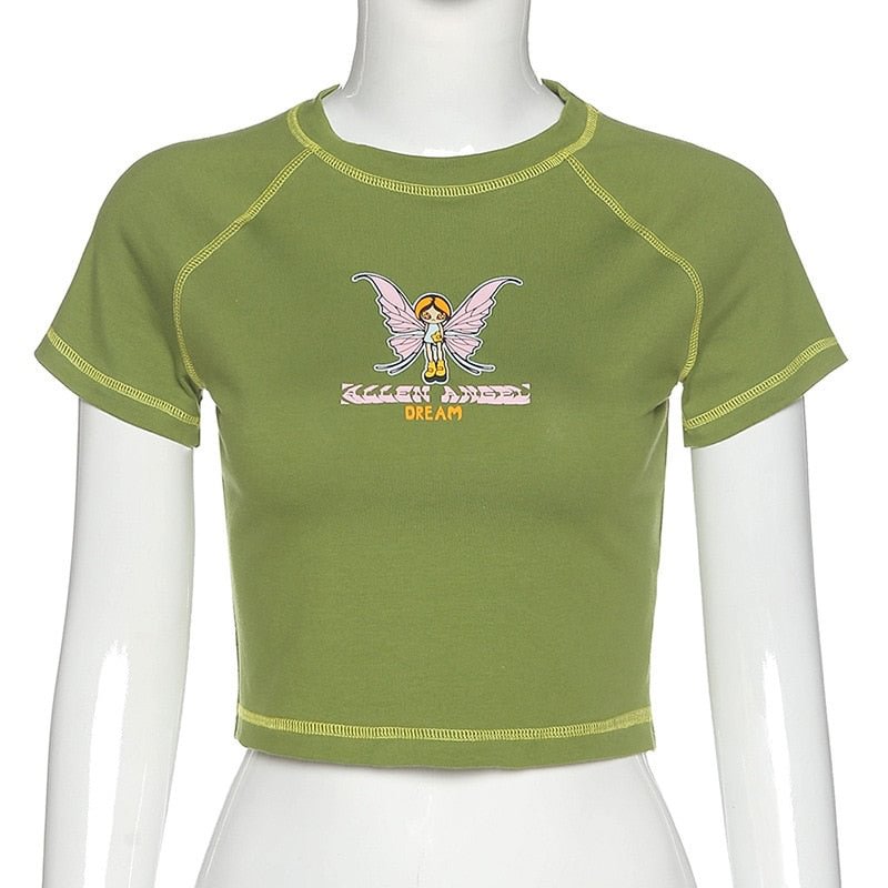 Butterfly Graphic and Letter Printing Stitch Green Crop Tops Grunge Style O-neck Short Sleeve T-shirts clothes shirt vintage bf