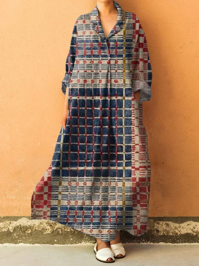Artistry Geometric Pattern Printed Women's V-Neck Pocket Cotton Dress