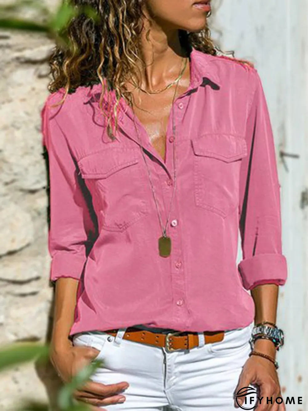 Women Fashion Turn Down Collar Solid  V Neck Long Sleeve Blouse | IFYHOME