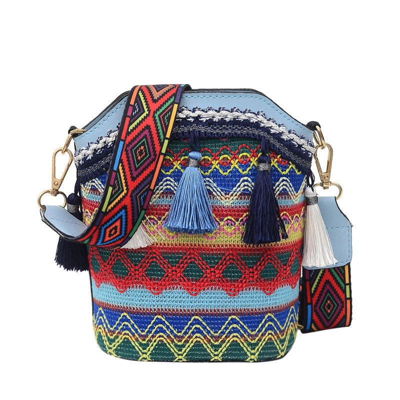 Women’s Small All Seasons Pu Leather Nylon Stripe Ethnic Style Tassel Bucket Zipper Shoulder Bag