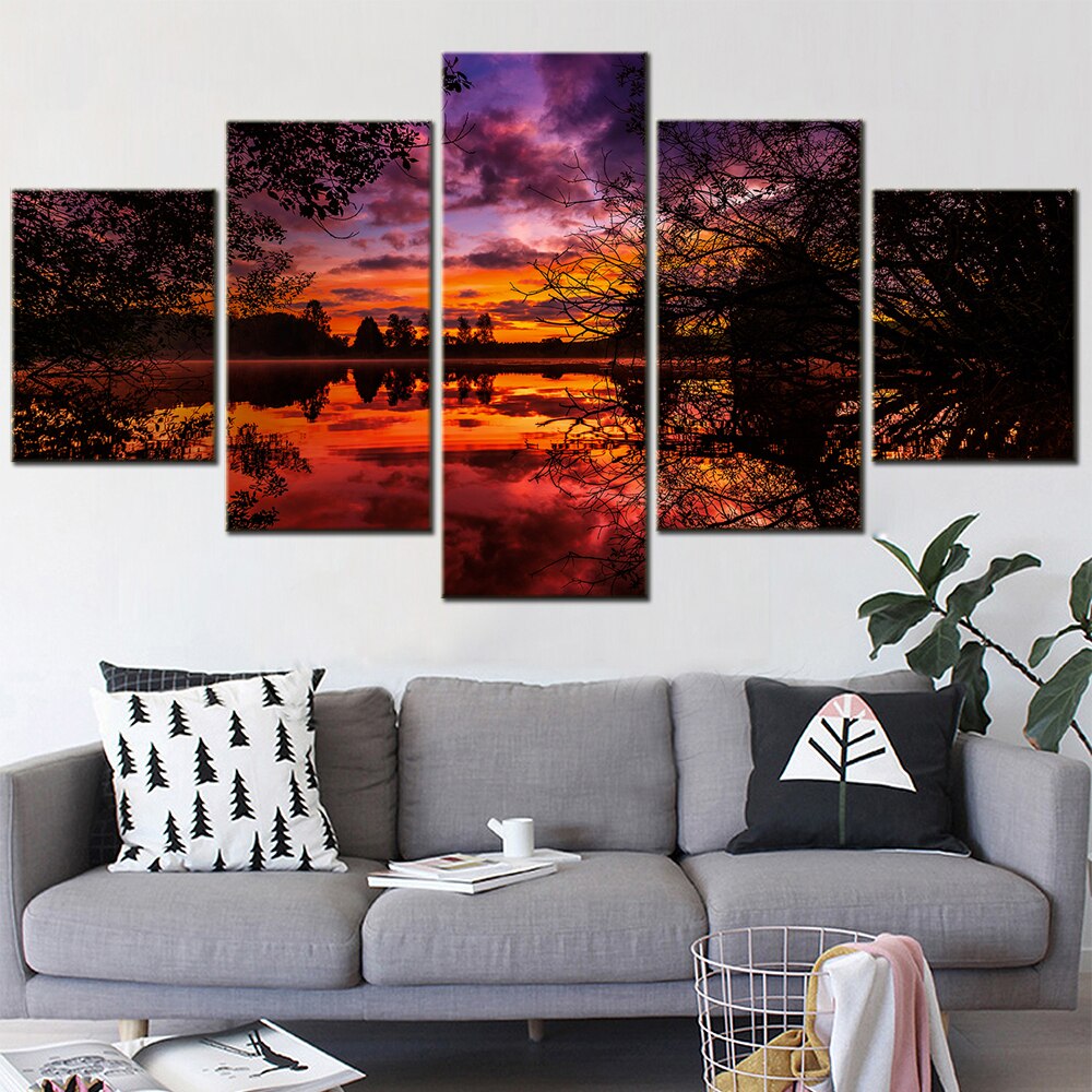 5 Panel Wall Art Canvas Picture Modren Home Decor Poster Landscape Burning Clouds Lakes Trees Painting Posters Aesthetic