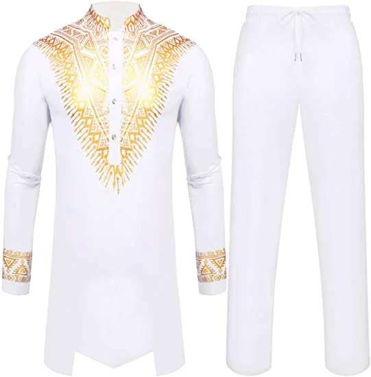 Men's casual black and gold print two-piece set