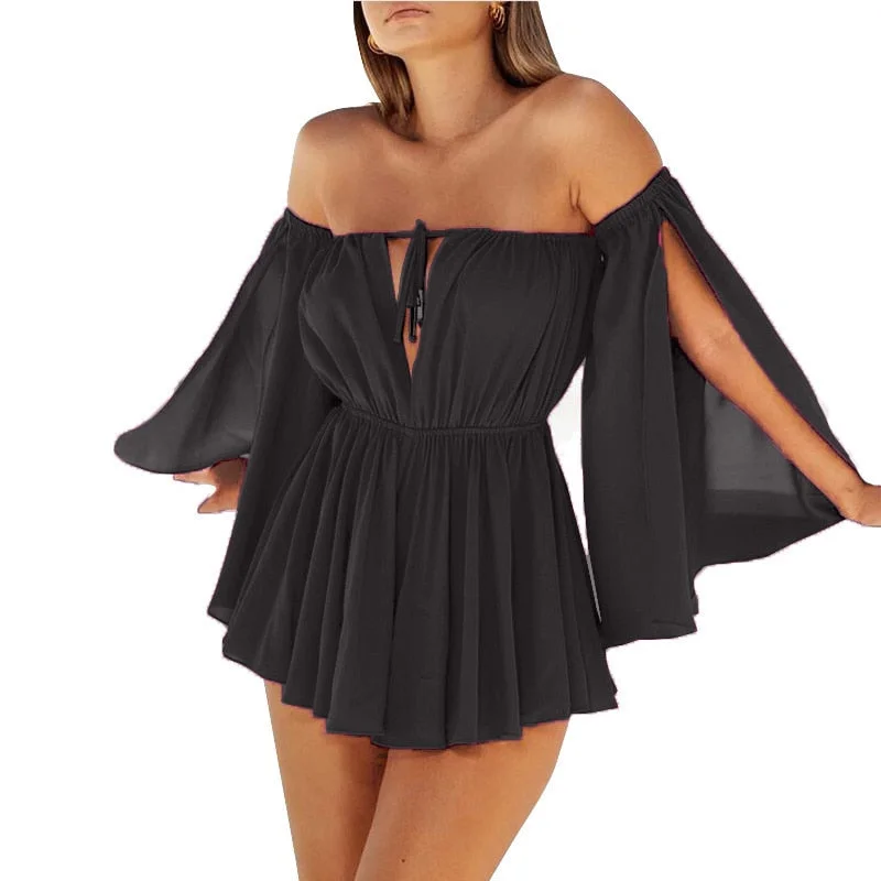 ABEBEY Women Off-shoulder Halter Tie-up Dress  Solid Long Slit Sleeve Mini Pleated Beach Dress Party Club Evening Wear
