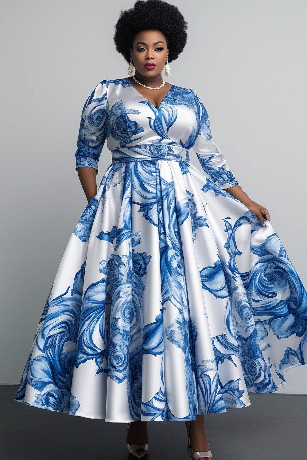 Xpluswear Design Plus Size Formal Blue Floral V Neck Long Sleeve Pleated Pocket Satin Maxi Dresses