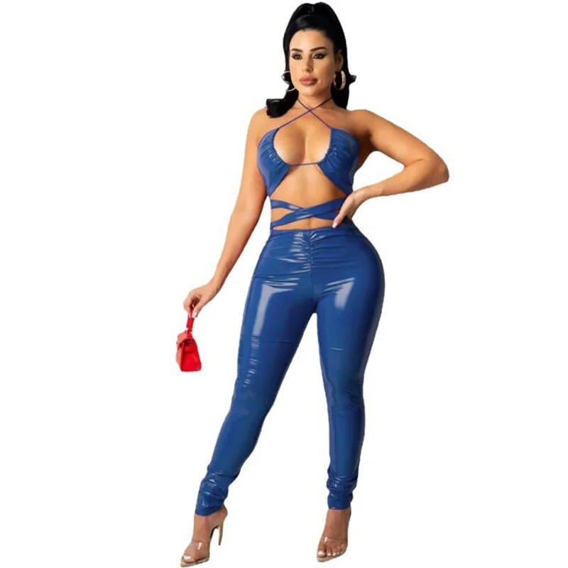 PU Leather Bodycon Jumpsuit Halter Romper Women  Hollow Out Sleeveless Skinny Nightclub Playsuits Lady Backless Bodysuits