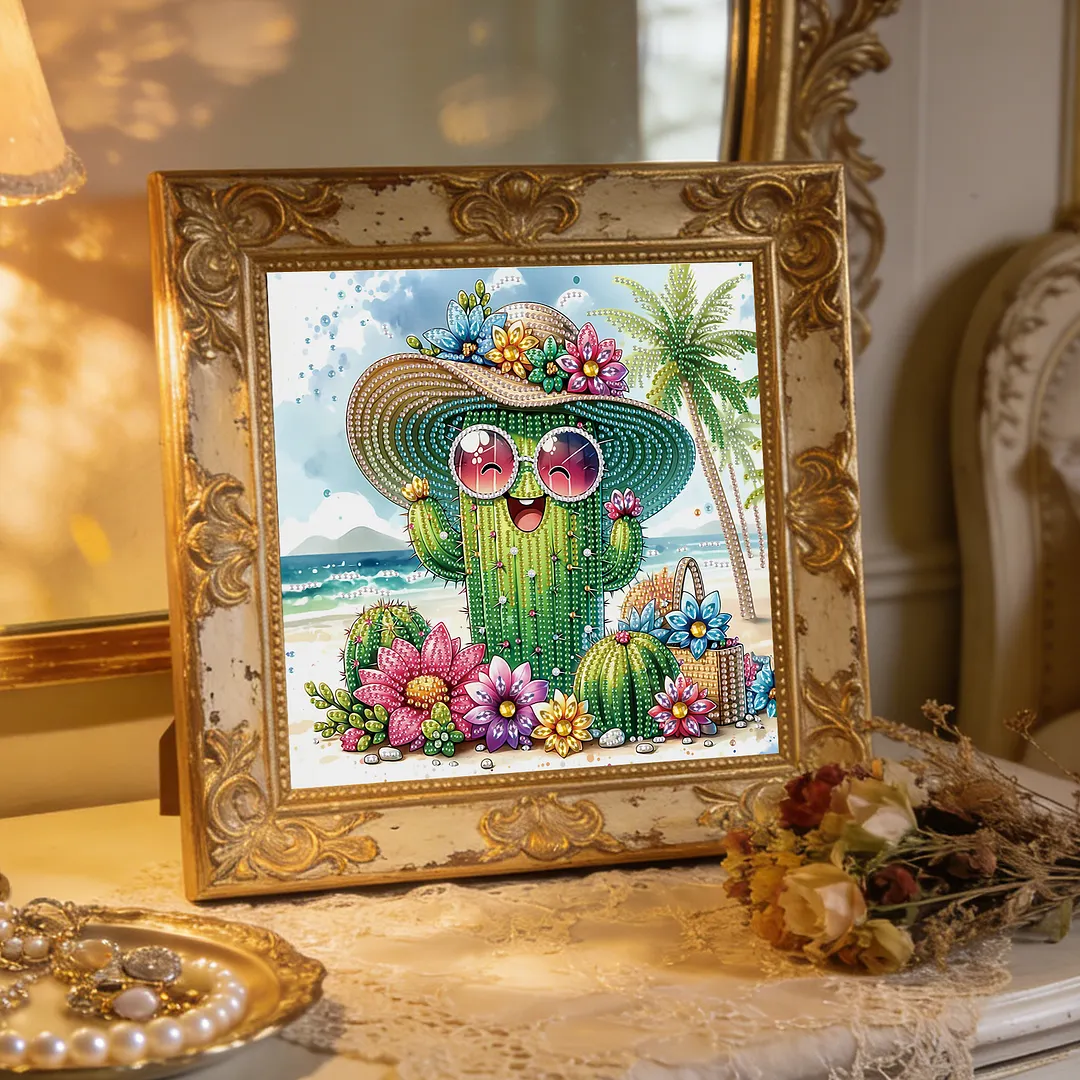 Beach Straw Hat Cactus Special Shaped 5D DIY Partial Drill Diamond Painting Kits for Adults Beginners Home Decor Diamonds Paintings Gem Art 11.81 X11.81inch
