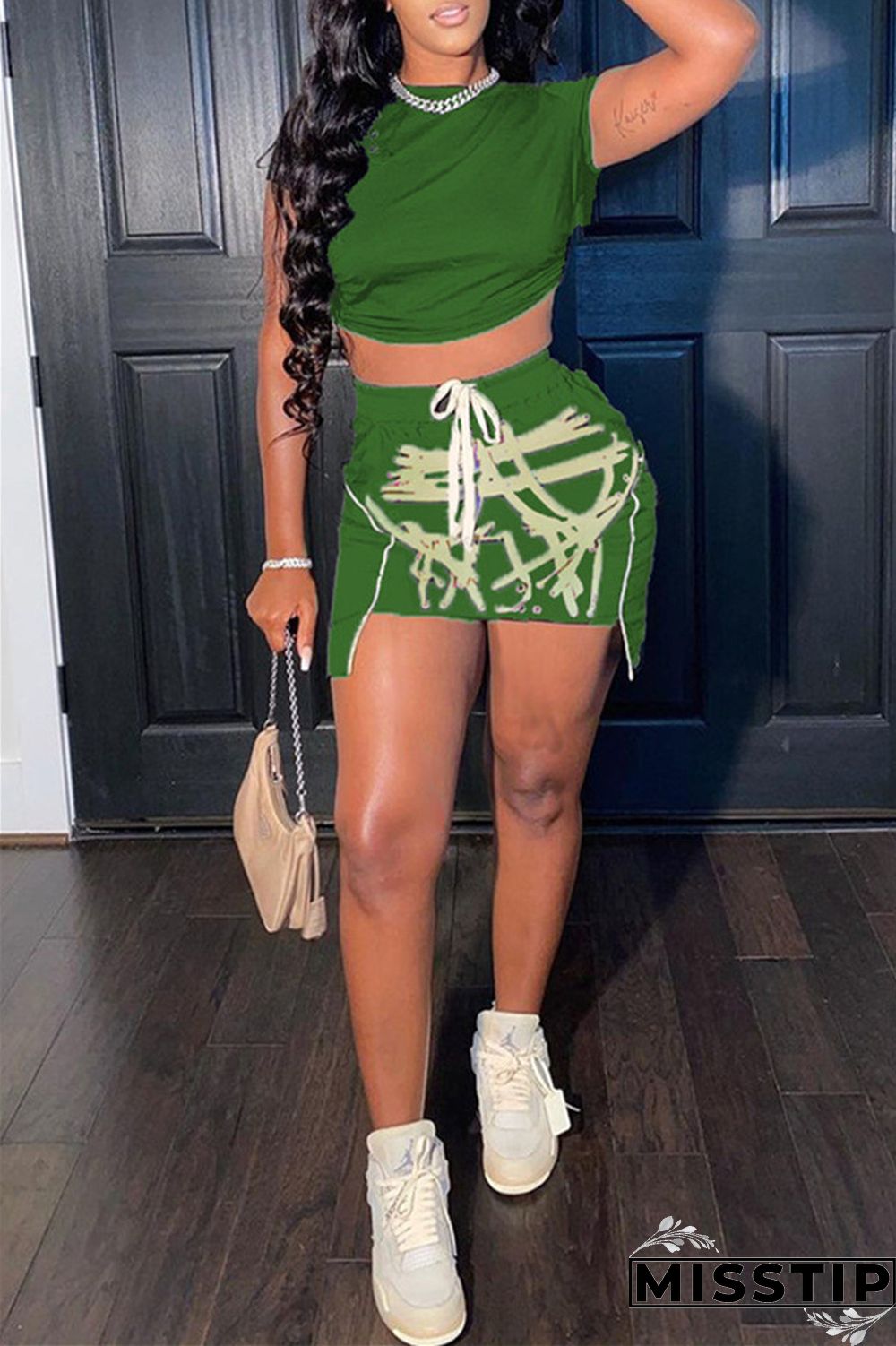 Green Fashion Sexy Print Asymmetrical O Neck Short Sleeve Two Pieces