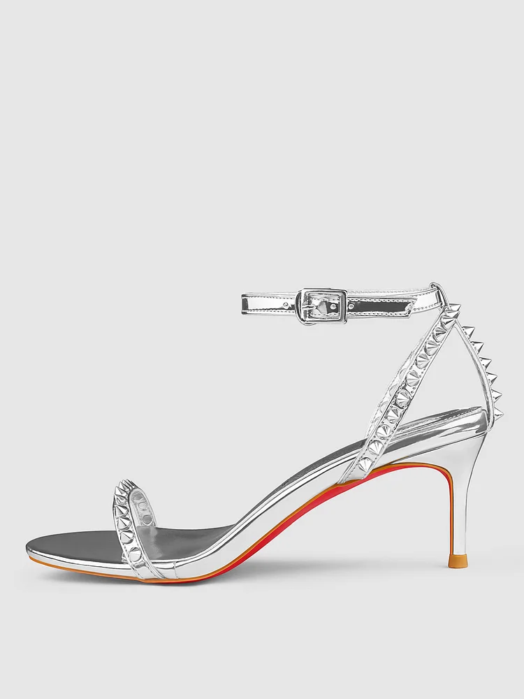 65mm Women's Open Toe Sandals Kitten Heels Red Bottom High Heels Ankle Strap Rivet Studs Shoes