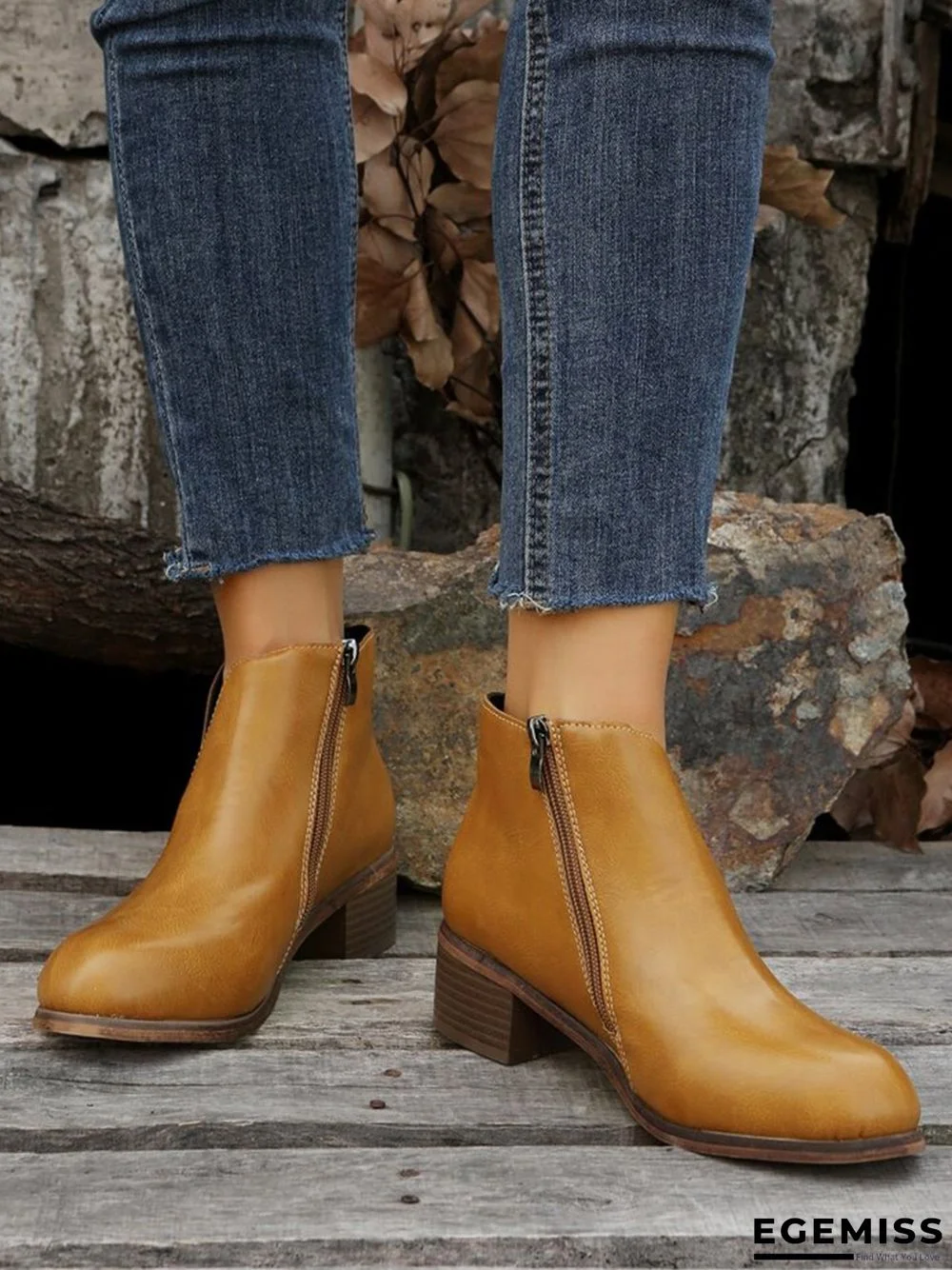 Retro Distressed Polished Color Zipper Thick Heel Pointed Ankle Boots | EGEMISS