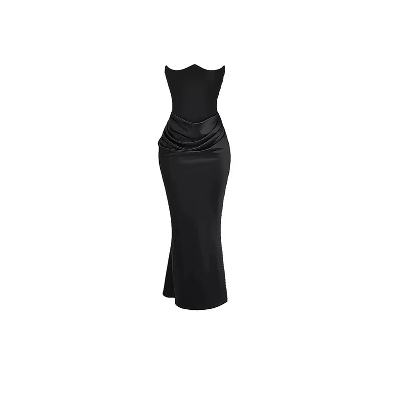 Brownm Rich Woman Folds Spliced Two Fishtail Bragy Dress High-End Party Dress