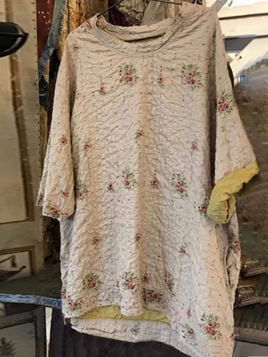 Women's Floral Print Linen Crew Neck Short-sleeved Casual Top