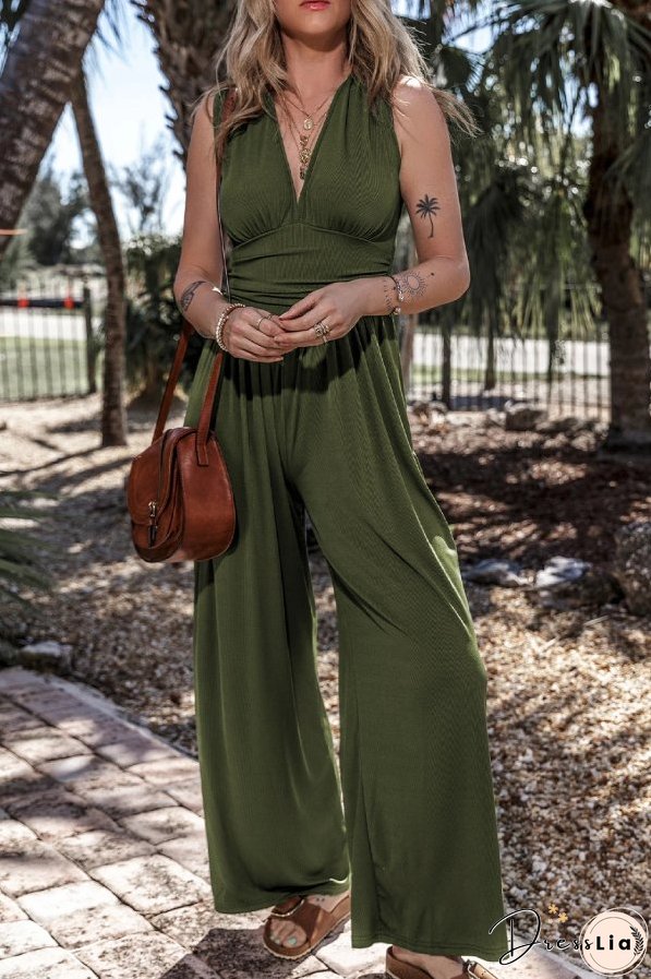 Moss Green Sleeveless V Neck Ruched Wide Leg Jumpsuit