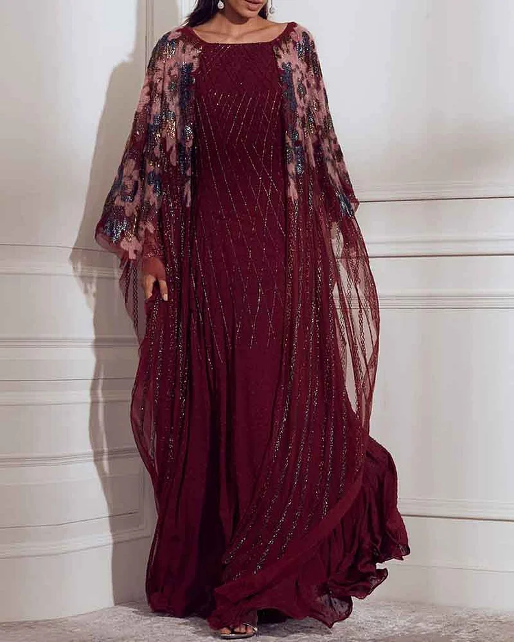 kaftan embroidered sequin cape maxi dress