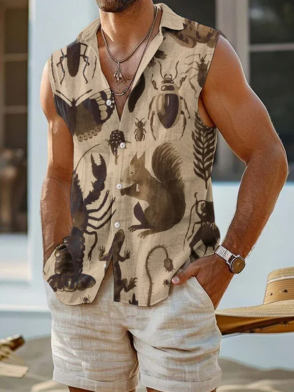 Men's Squirrel And Insects Vintage Animal Art Print Sleeveless Shirt