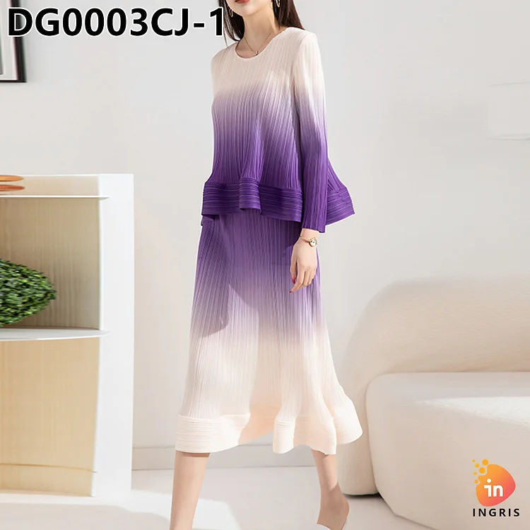 Pleated Women's Clothing 2024 Autumn New Fashion Suit Gradient Color Large Size Women's High Waist Ruffled Skirt-DG0003CJ