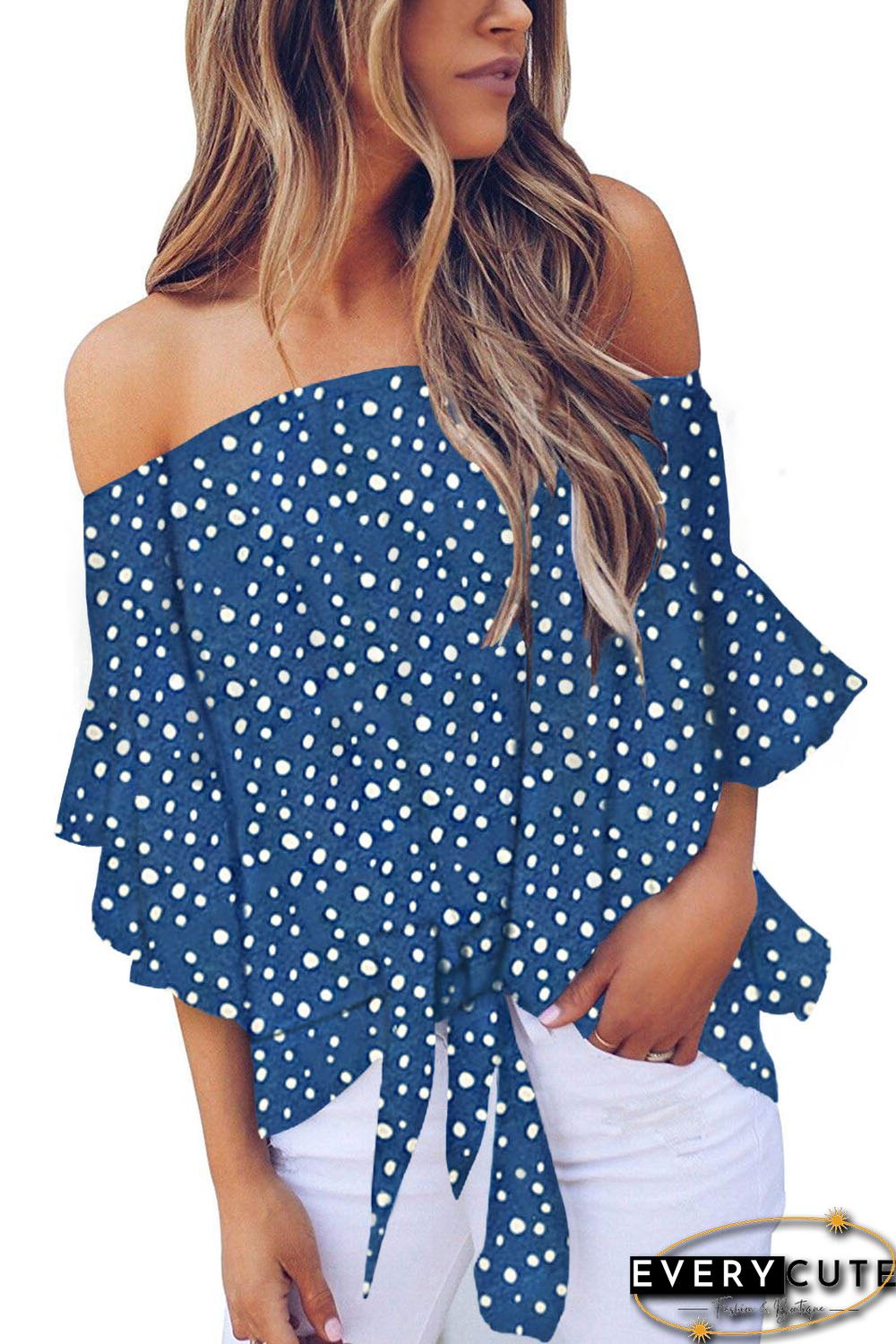 Sky Blue Polka Dot 3/4 Bell Sleeve Off Shoulder Front Tie Knot Top
