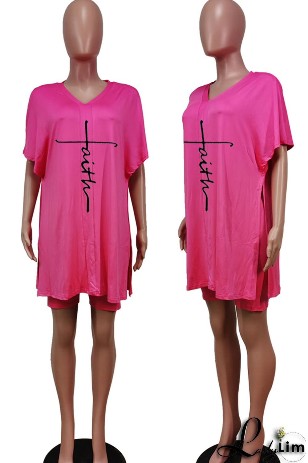 Tangerine Red Casual Print Split Joint V Neck Short Sleeve Two Pieces