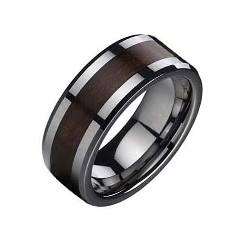 6MM 8MM Wood Inlay Flat Tungsten Carbide Polished Finish Men Wedding Bands