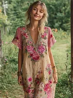 Boho Ethnic Floral Embroidery Women's Linen Short Sleeve Maxi Dress