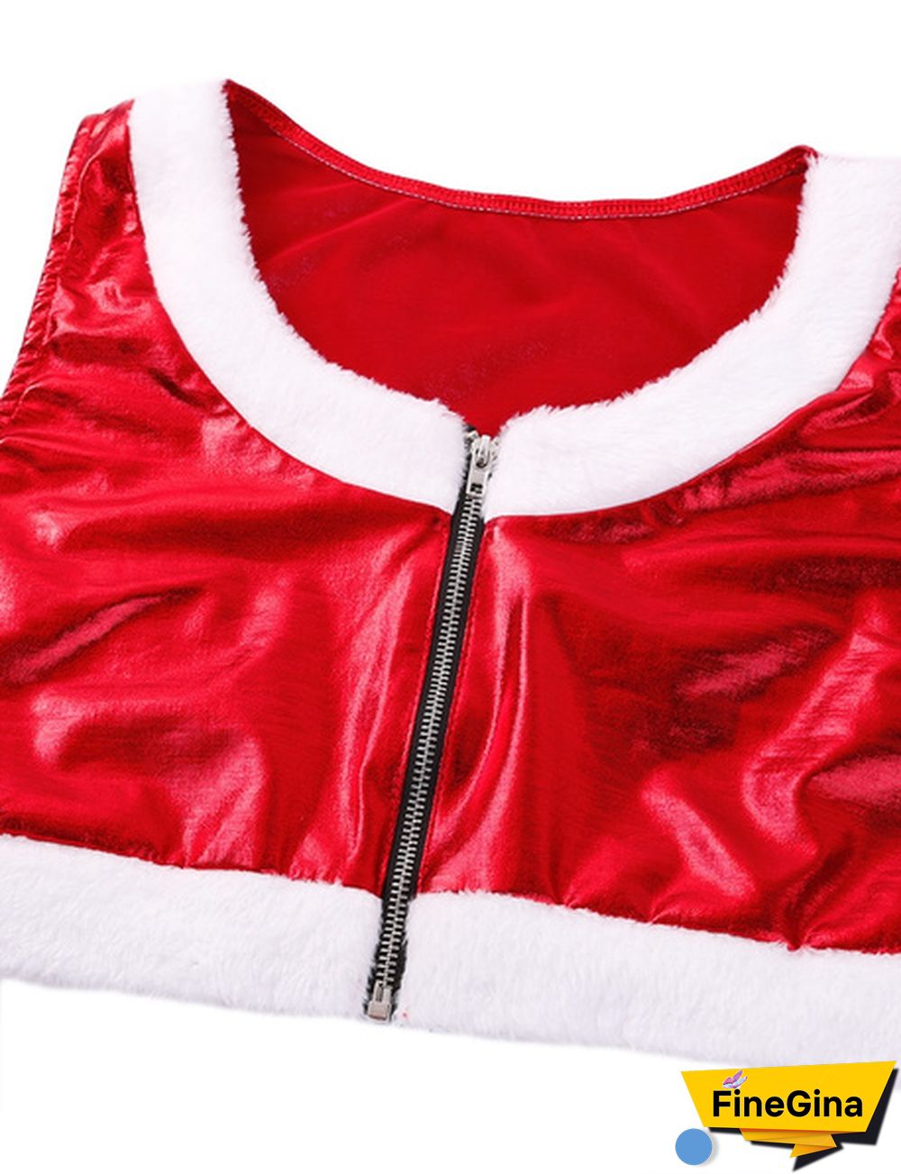 Women Adults Santa Christmas Babe Costume Sleeveless Shiny Metallic Crop Top Zip Up Buckled Shorts 4Pcs Outfit #S-XL