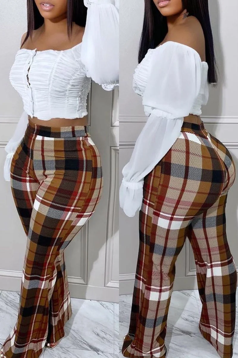 Casual Plaid Print Patchwork Regular High Waist Trousers