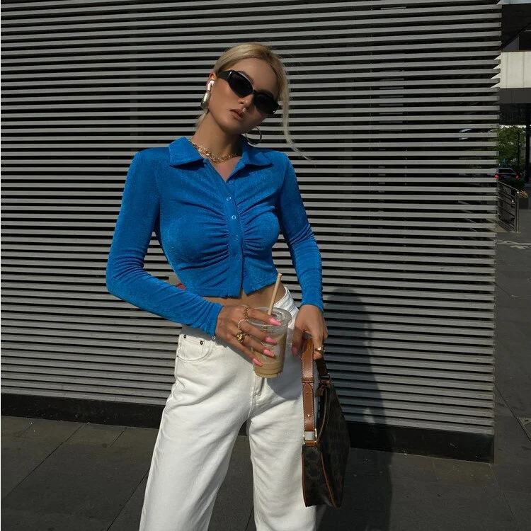 Design sense polo collar pleated long-sleeved shirt women's summer niche European and American slim slim stretch cardigan top