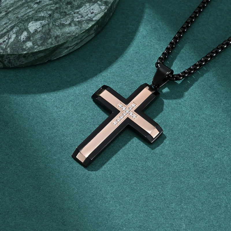 Retro Minimalist Classic Style Cross Titanium Steel Plating Inlay Zircon Men's Pendant Necklace