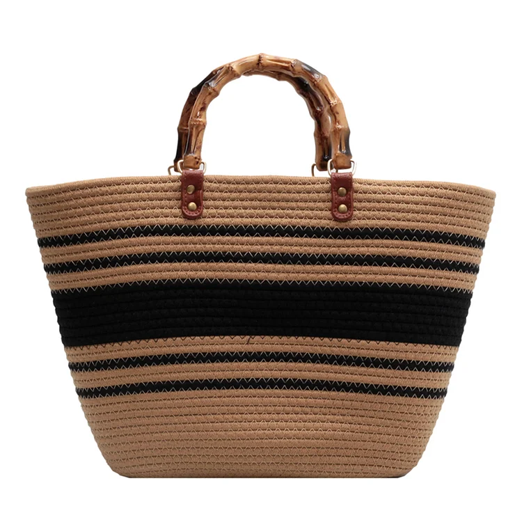 Fashion Beach Bags Bamboo Handle Cotton Woven Tote Striped for Travel