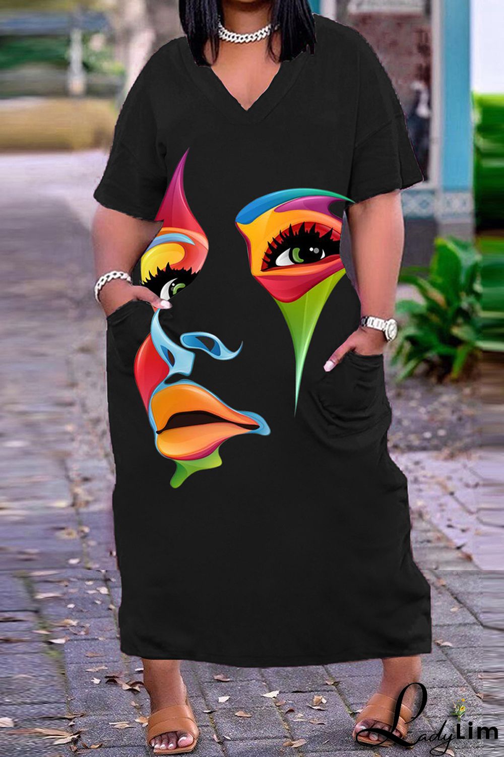 Orange Fashion Casual Print Patchwork V Neck Short Sleeve Dress