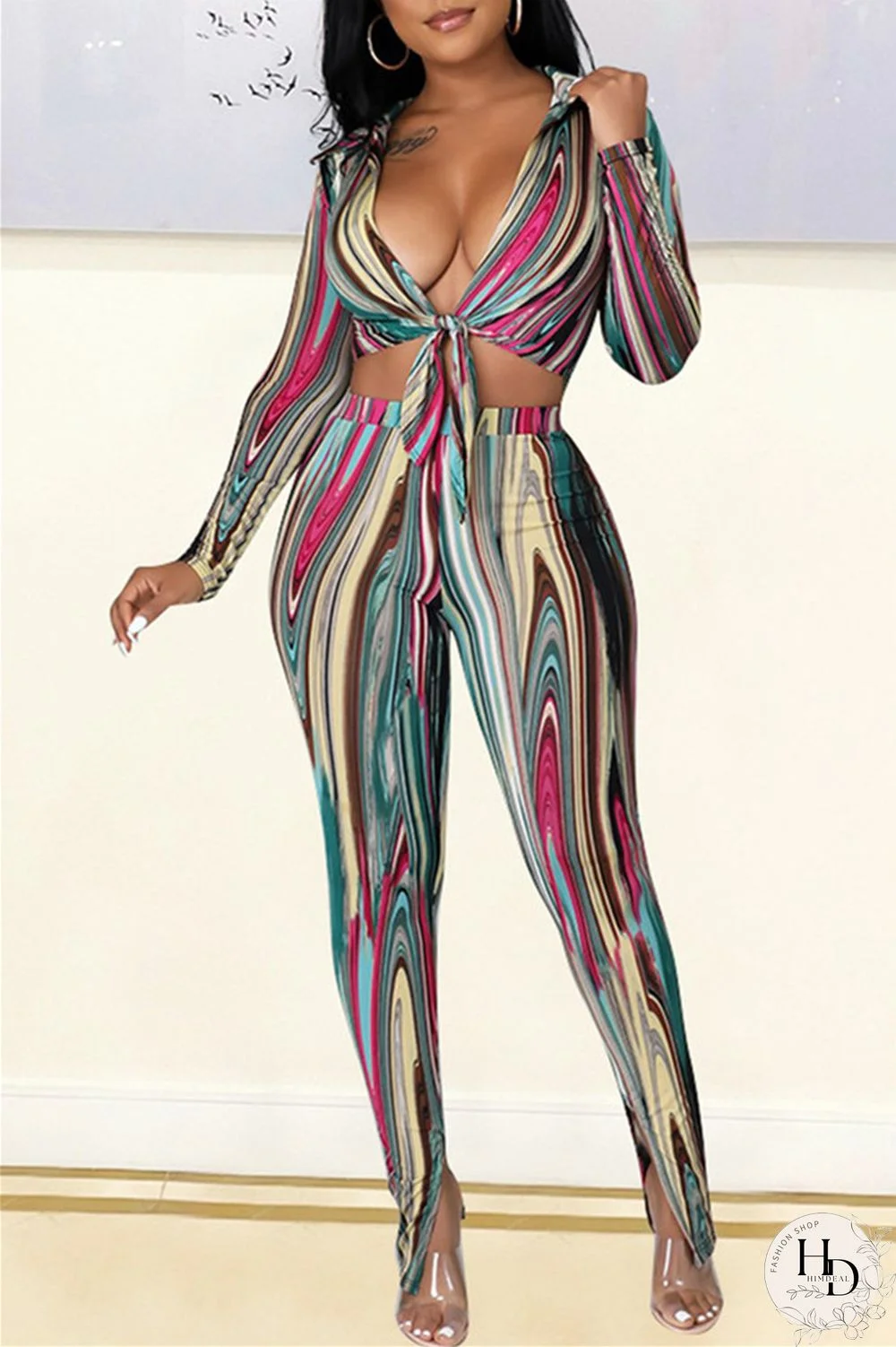 Rose Red Blue Sexy Casual Print Bandage Turndown Collar Long Sleeve Two Pieces