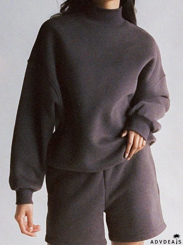Women's Sets Turtleneck Long Sleeve Top & Shorts Two-Piece Set