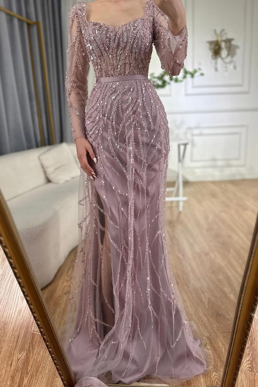 Ovlias Glamorous Semi-Sweetheart Prom Dress Split Mermaid Sheer with Sequins ZC0385
