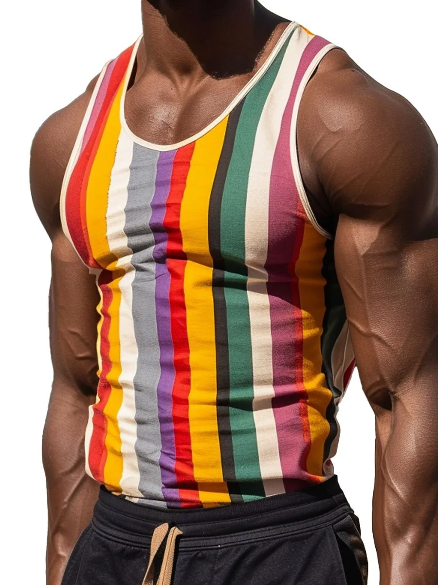 Men's Round Neck Rainbow Vertical Stripe Lgbtq Print Casual Tank Top